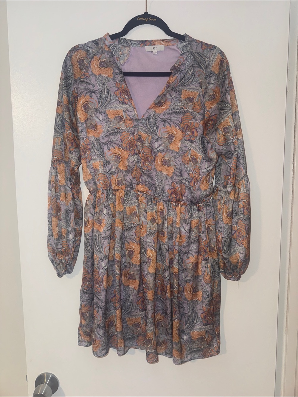 Floral V-Neck Long Sleeve Dress - Lavender & Orange